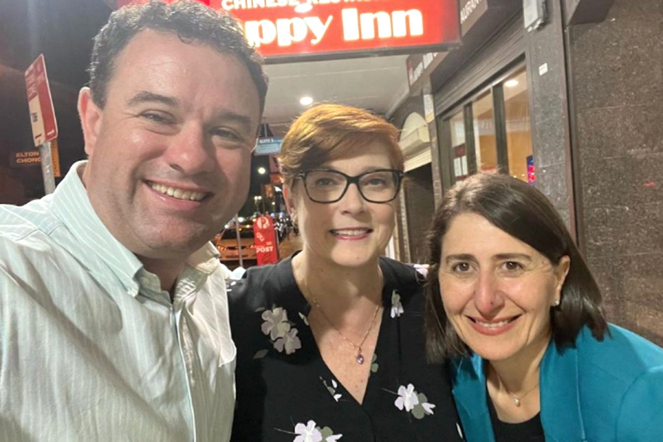 Stuart Ayres with wife Marise Payne and former NSW Gladys Berejiklian after dinner on Wednesday.