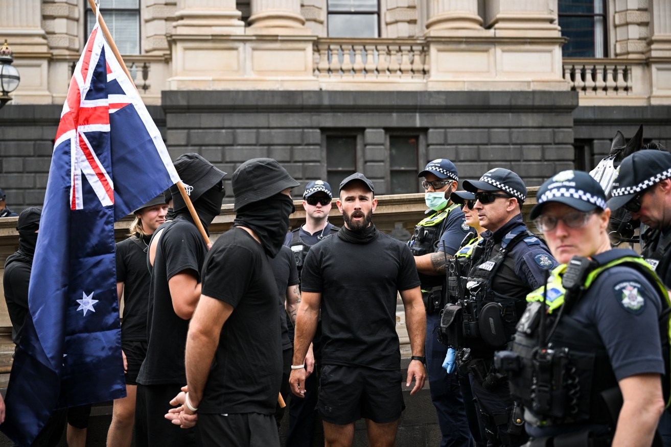 Neo-Nazi protesters gather during a transgender rights rally at Parliament House in Melbourne, in March. Photo: AAP