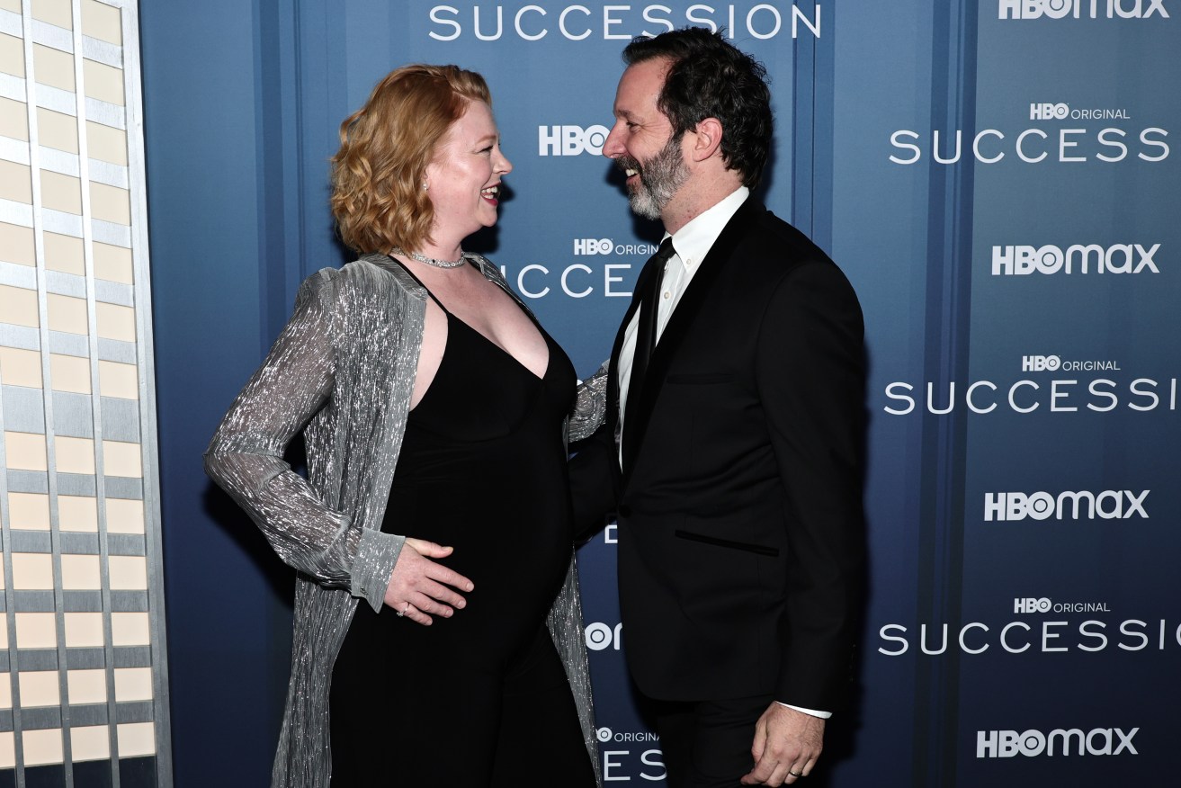 A pregnant Sarah Snook with husband Dave Lawson on the <i>Succession</i> red carpet.