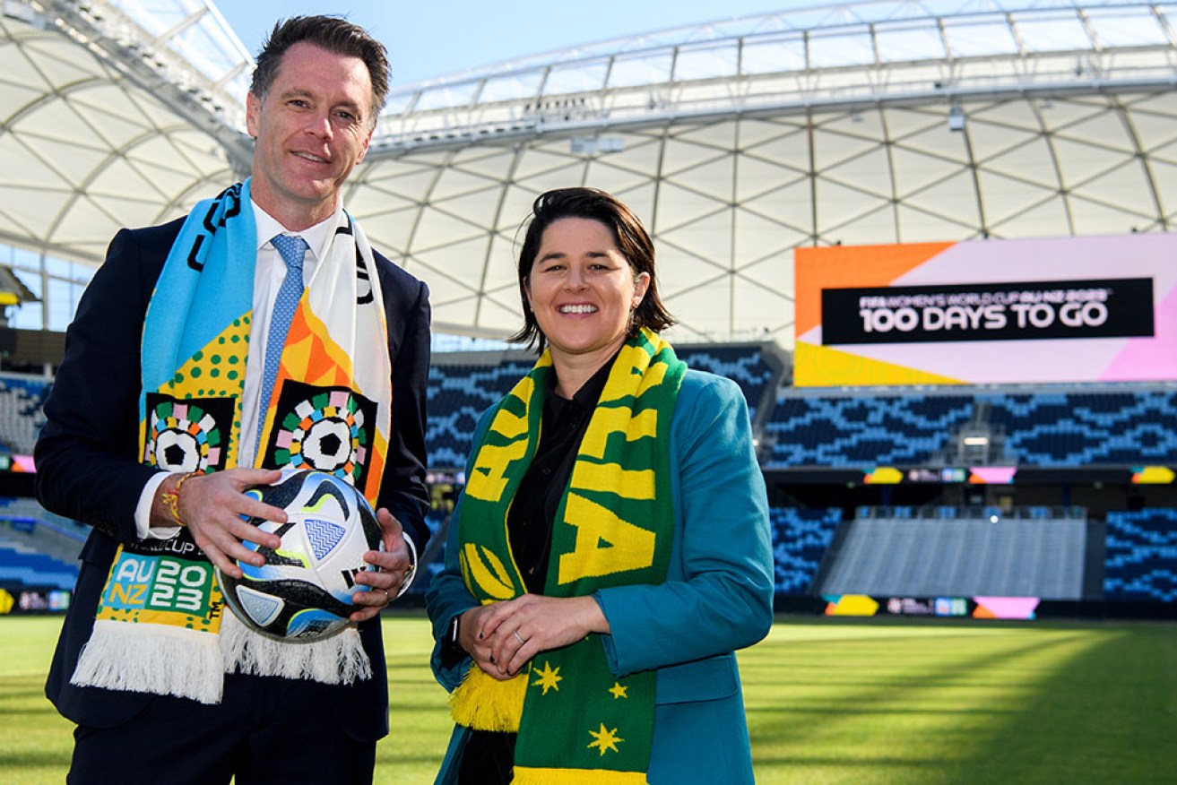 Chris Minns and ex-Matildas player Sarah Walsh at the 100 Days to Go event for the Women's World Cup. <i>Photo: AAP</i>