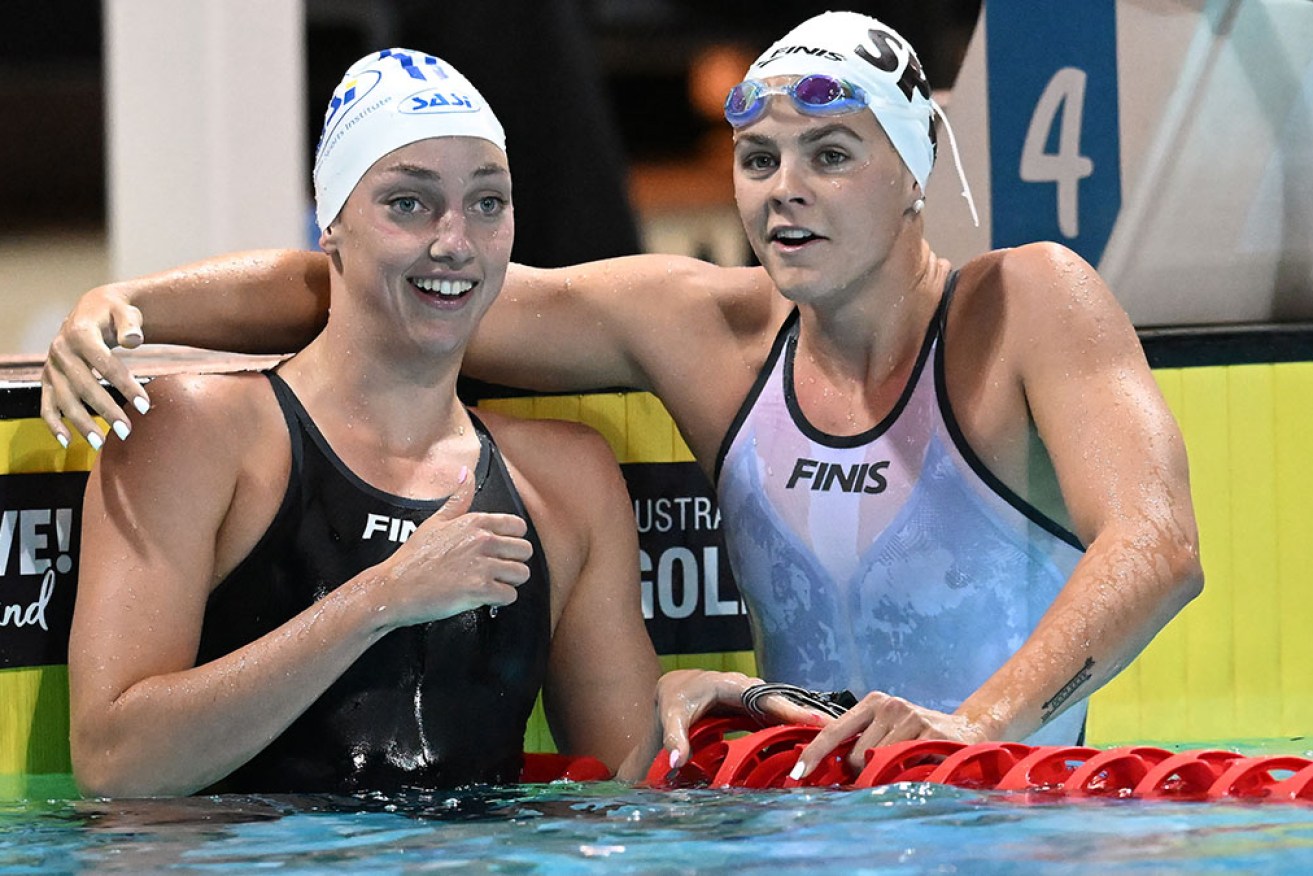 Shayna Jack, right, was too fast in the women's 50m freestyle beating Meg Harris and Cate Campbell.