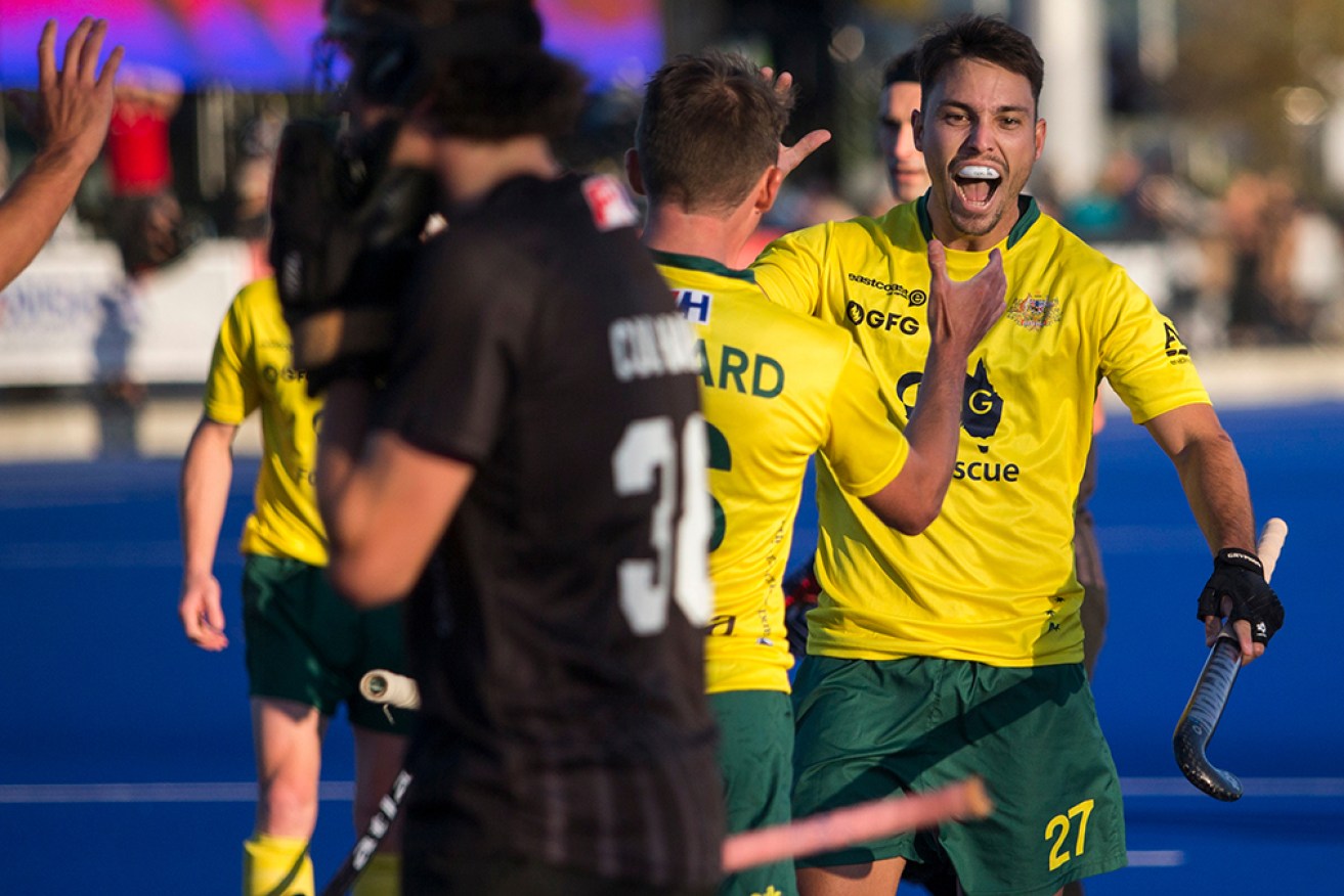 Joel Rintala grabbed a hat-trick for Australia in the 3-0 win over New Zealand in the Pro League. 