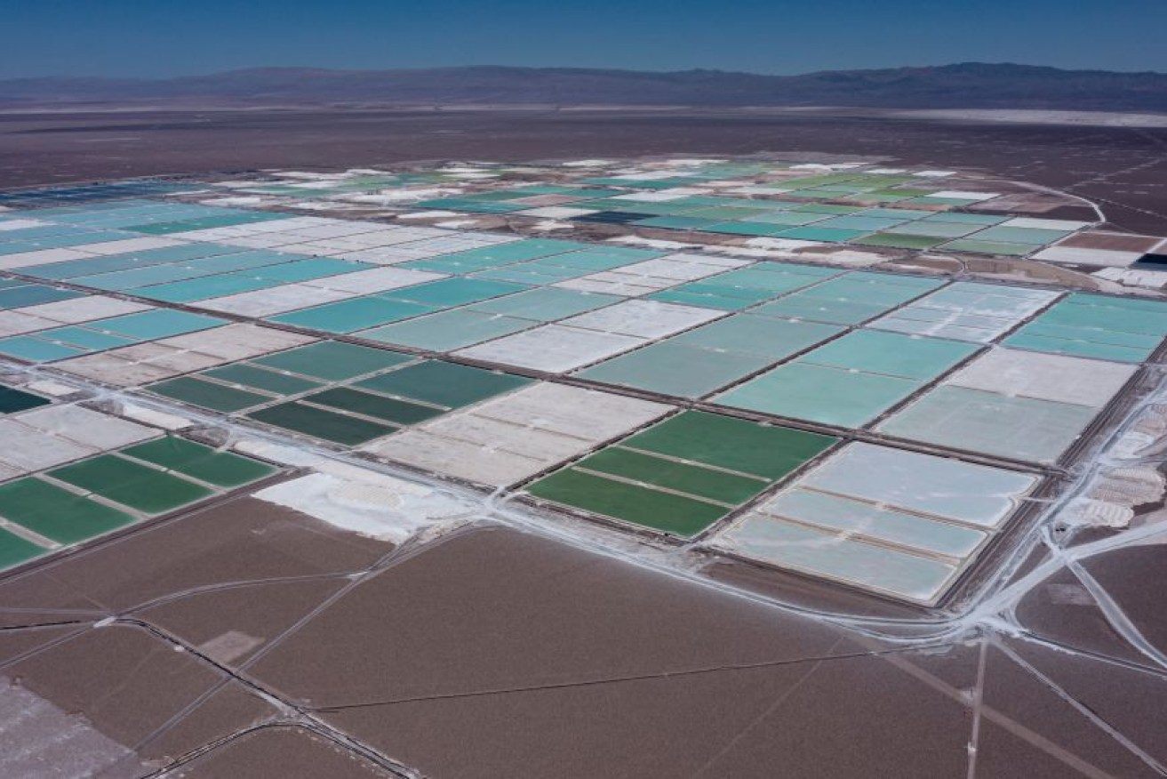 Aerial view of brine ponds and processing areas of the SQM lithium mine in the Atacama Desert, Calama, Chile.