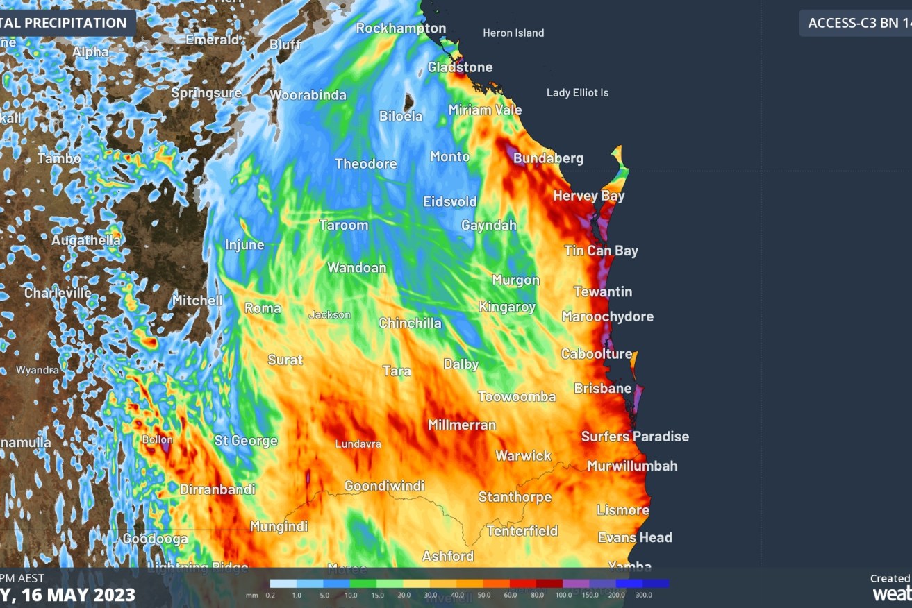 Rain predicted in the warning region to 4pm Tuesday, according to one computer model.