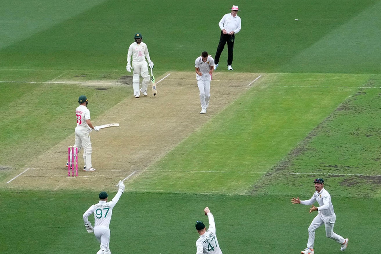 South Africa's Simon Harmer was not granted a claimed catch off Marnus Labuschagne at the SCG. 