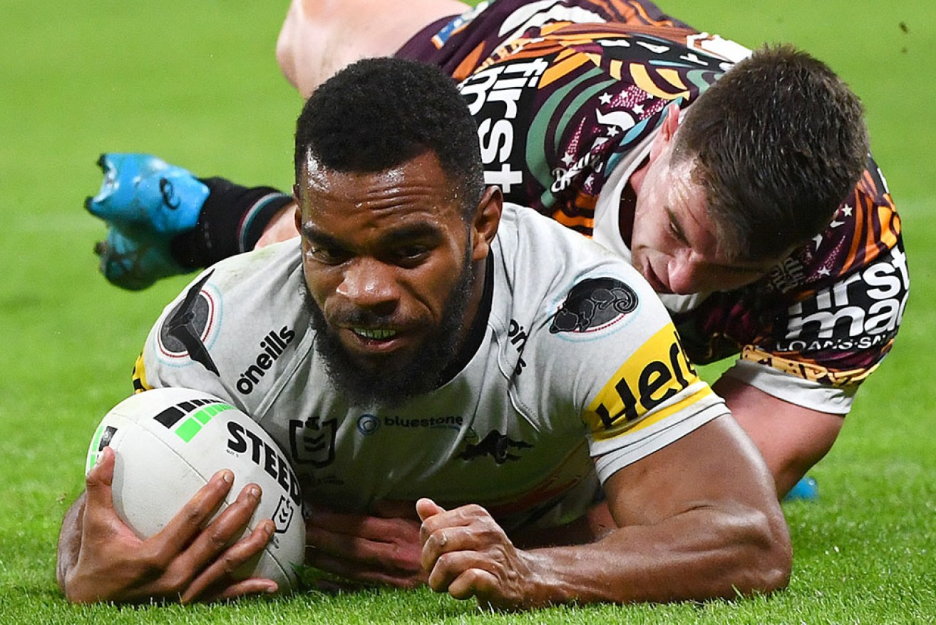 Sunia Turuva scores Penrith's opening try in the 15-4 NRL win over Brisbane at Suncorp Stadium.