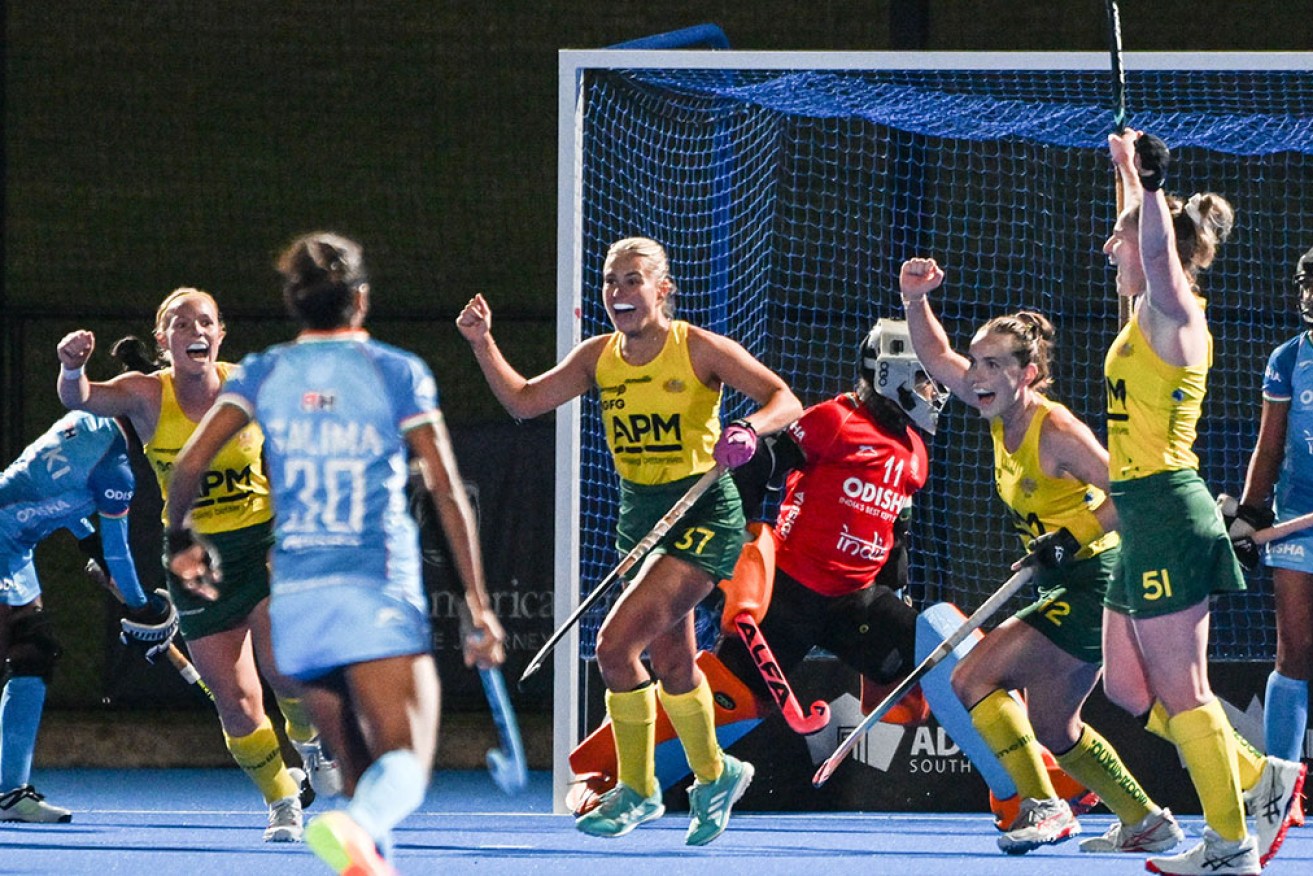 The Hockeyroos celebrate a goal in the 4-2 win over India Women at MATE Stadium in Adelaide.