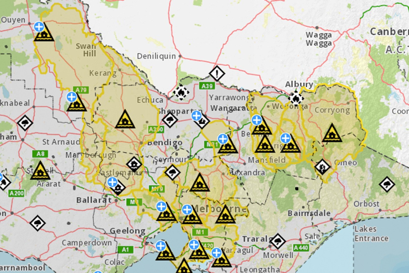 A yellow flood warning covered much of Victoria on Wednesday afternoon.