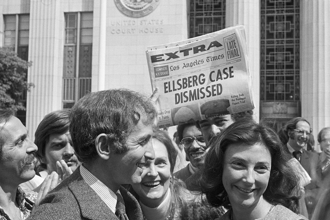 Daniel Ellsberg leaves court a free man in 1973 after espionage charges were thrown out of court.