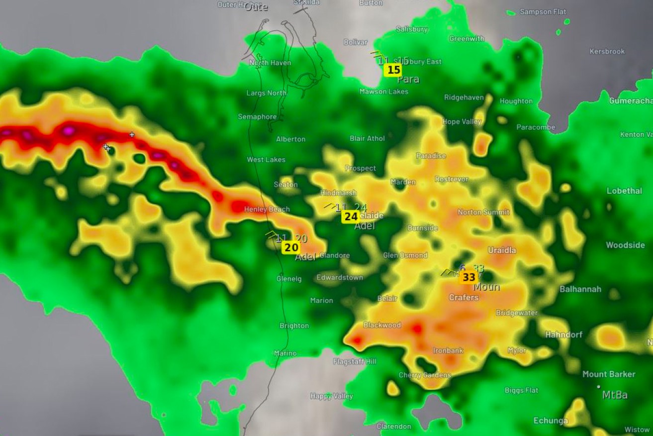 The rain radar over Adelaide and the surrounding hills on Thursday night.