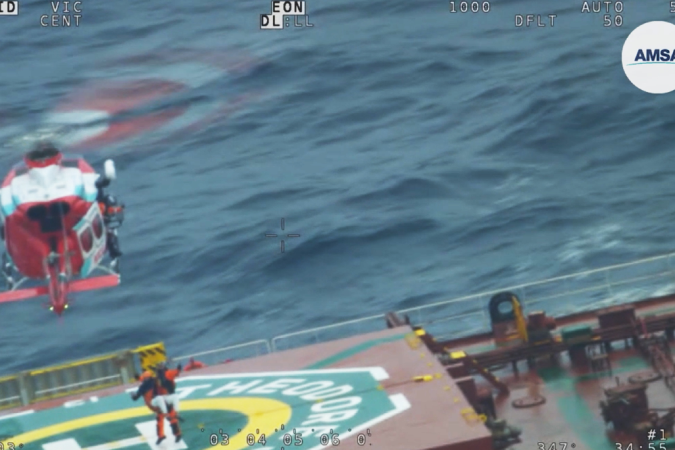 Xavier Doerr is airlifted from the bulk carrier that came to his rescue.