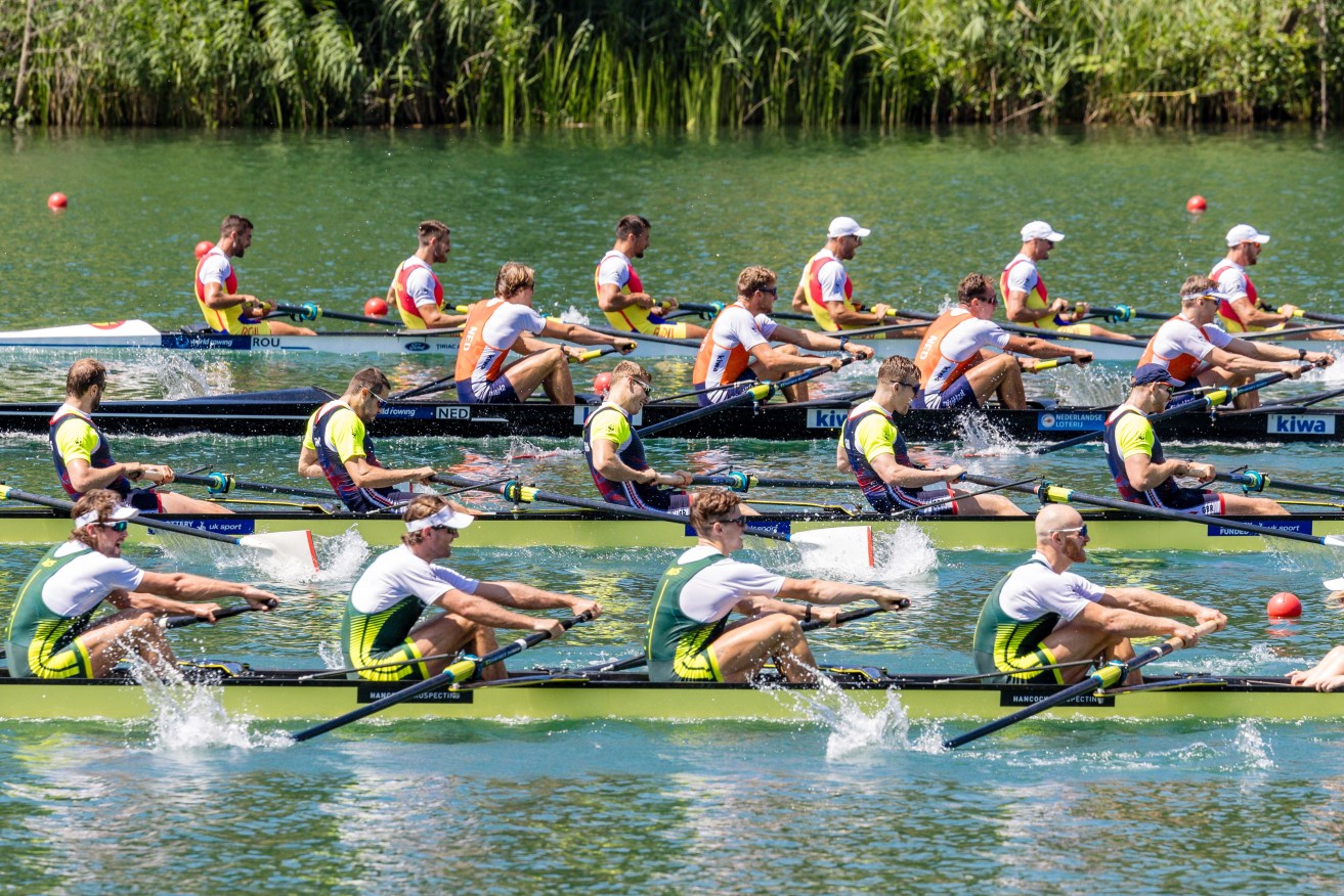 Australia's men's rowing eight on their way to a gold medal, in Switzerland.