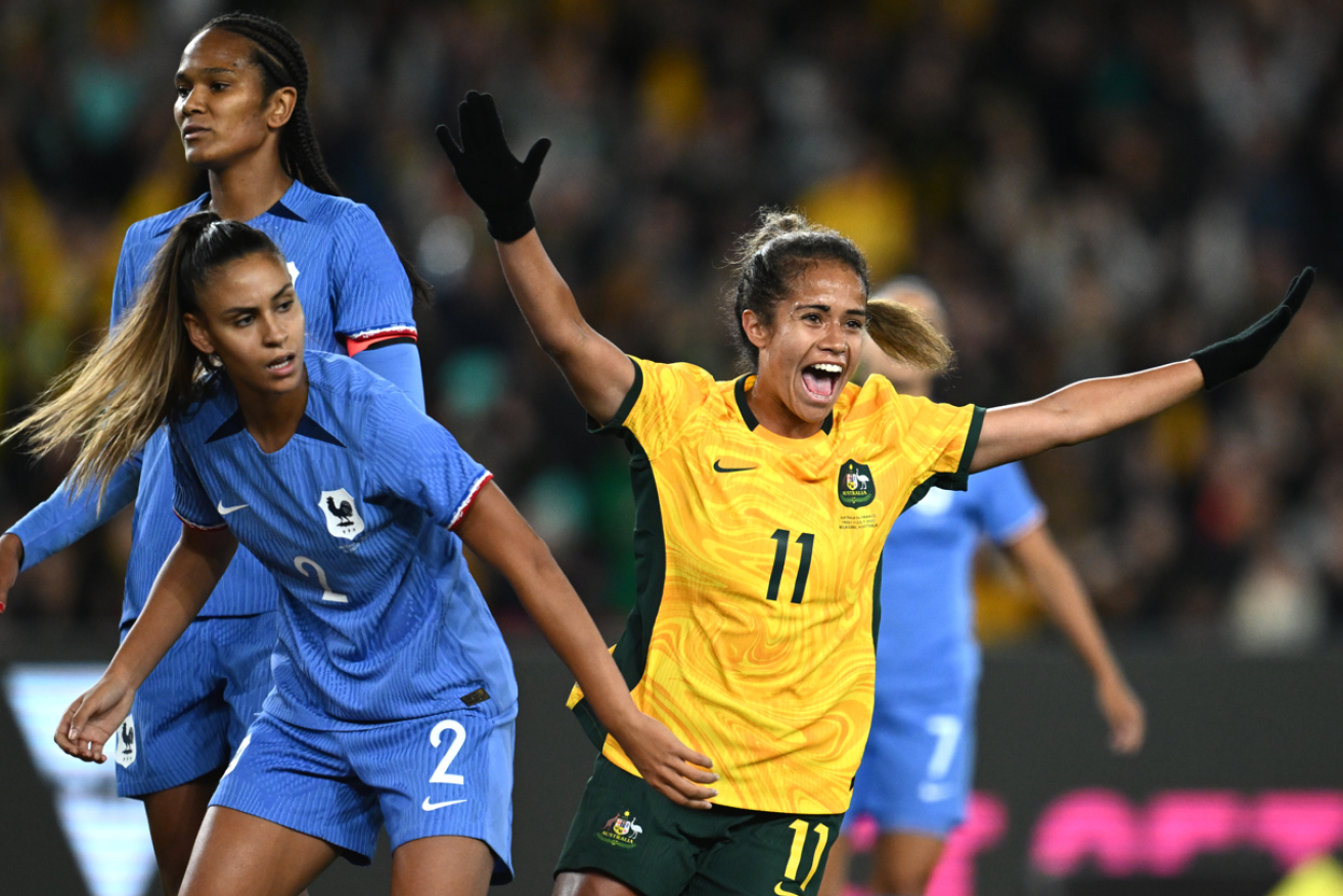 Mary Fowler of the Matildas celebrates scoring the winning goal in the last match before the World Cup. 