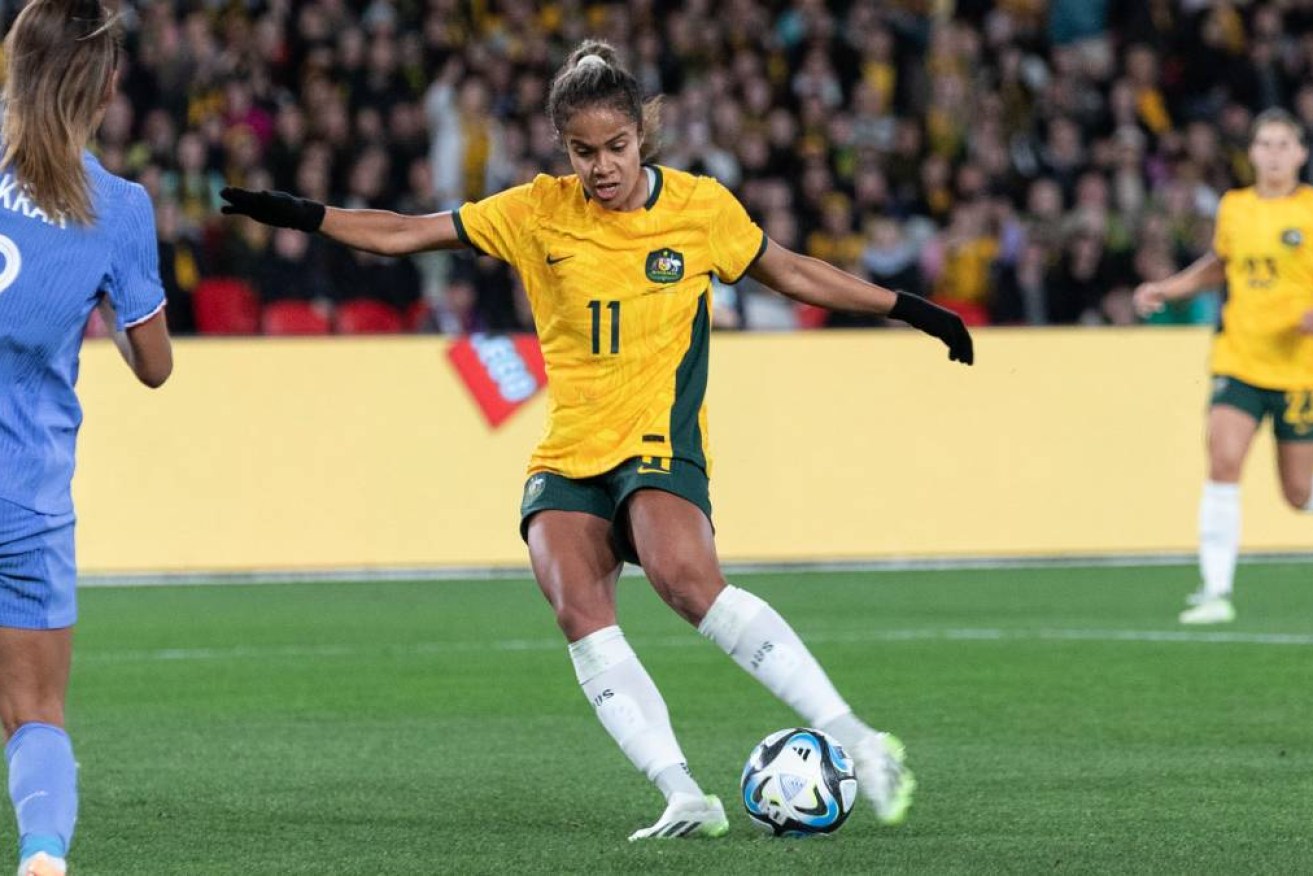  Mary Fowler scores the match winning during a Womens International match between Australia and France at Marvel Stadium.