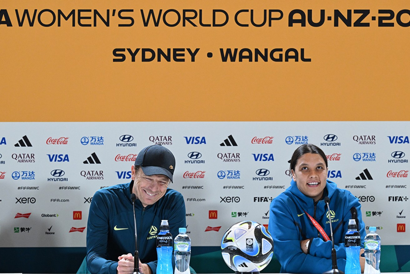 Australian captain Sam Kerr and head coach Tony Gustavsson in Sydney on Wednesday. 
