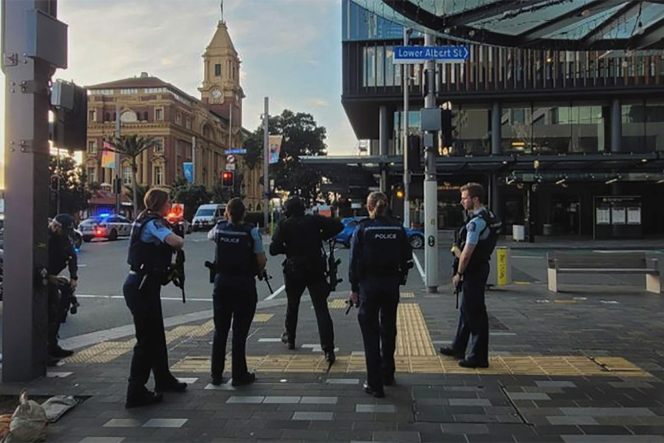 Armed police on the scene of the shooting in downtown Auckland on Thursday.