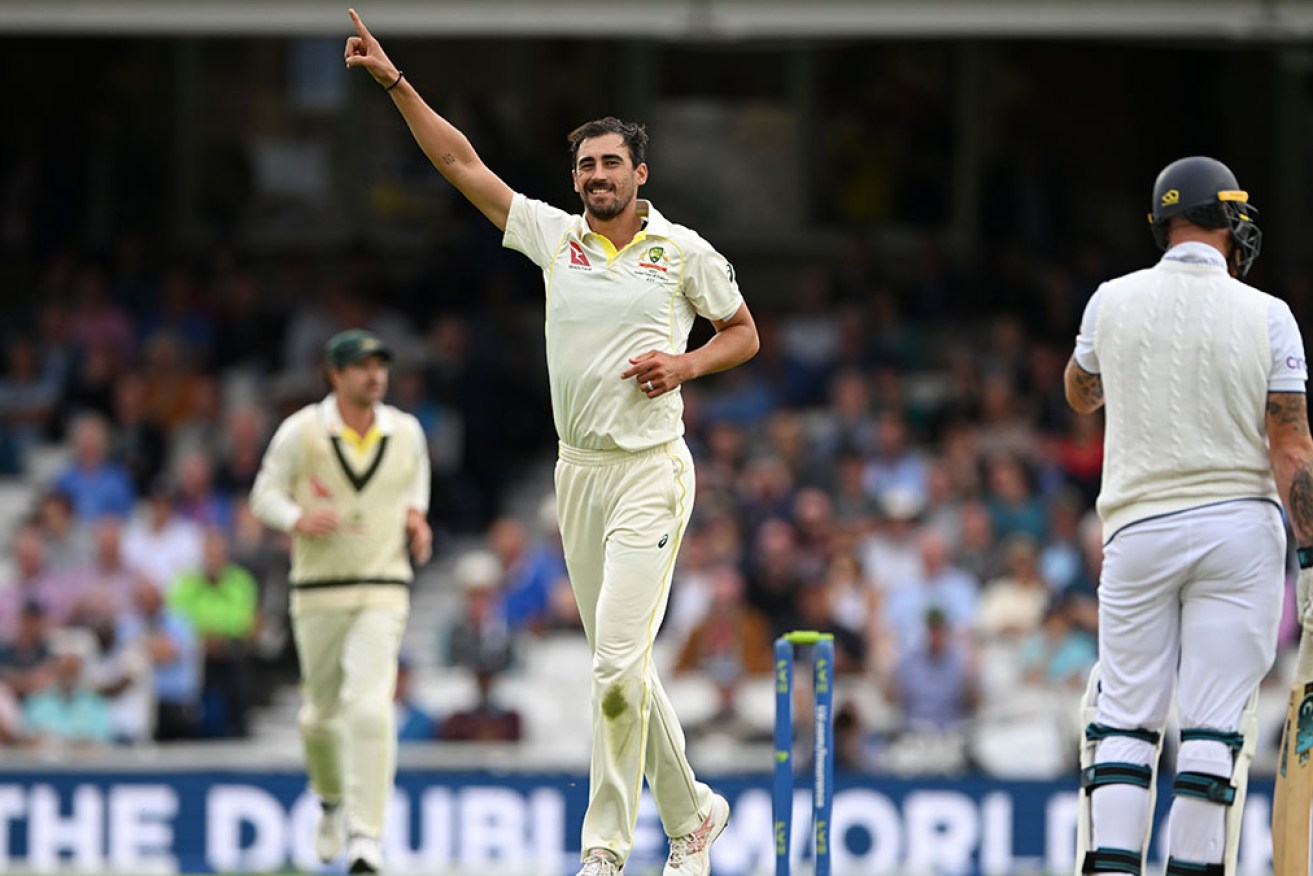 Mitchell Starc enjoys claiming the wicket of Ben Stokes on day one of the fifth Ashes Test on Thursday. 