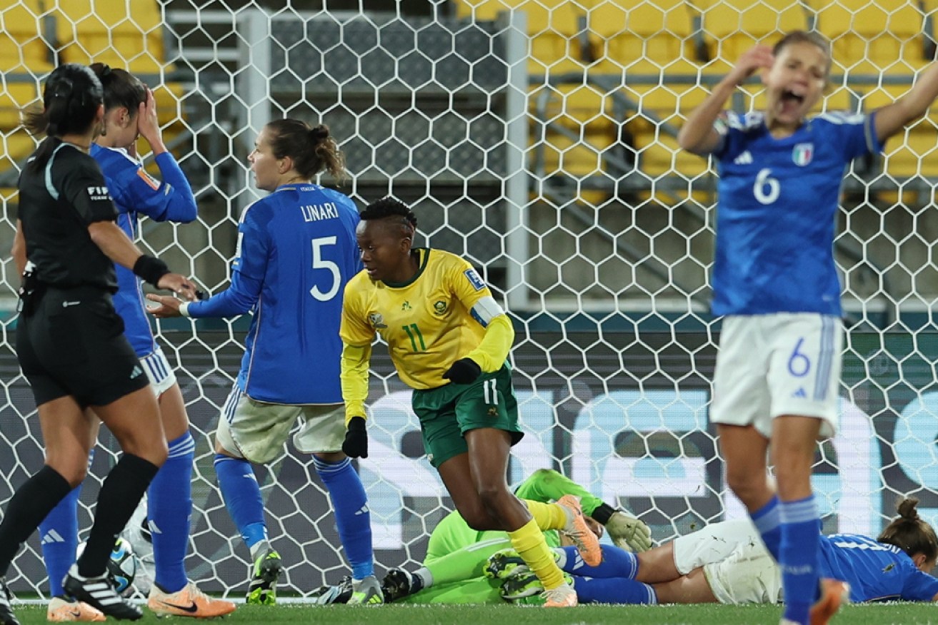 Thembi Kgatlana turns away to celebrate South Africa's winning goal in the 3-2 win over Italy. 