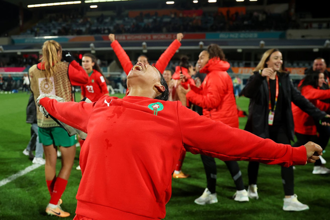 Sofia Bouftini and her Moroccan teammates celebrate advancing to the knockout stage on Thursday in Perth. 