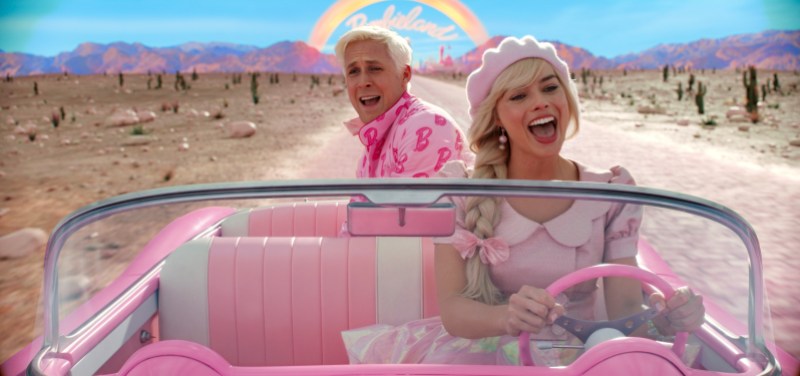 Ryan Gosling, left, and Margot Robbie in a scene from the global box office success "Barbie".