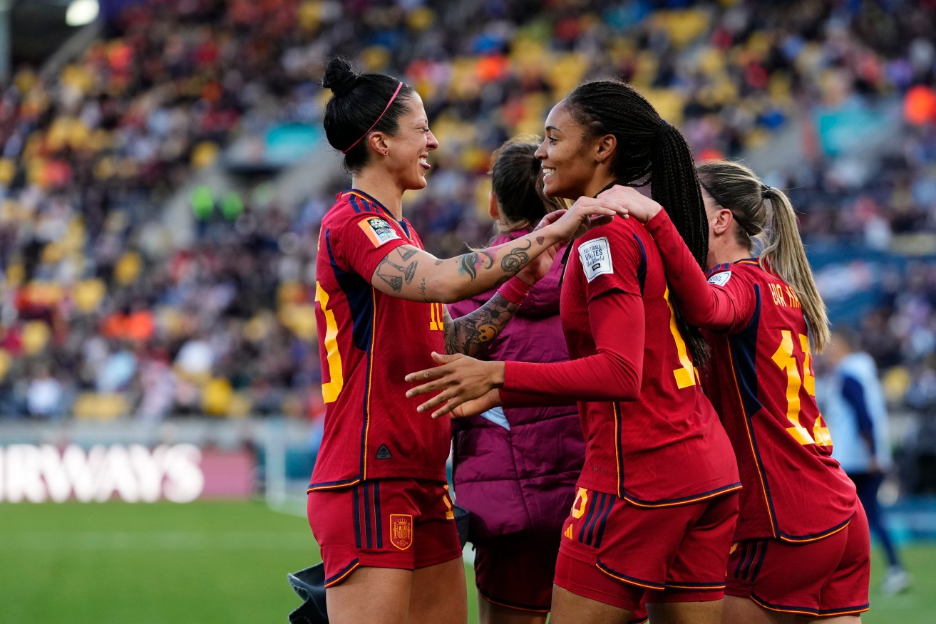 Spain celebrate Salma Paralluelo's goal against the Dutch that put them into the WWC semi-finals.