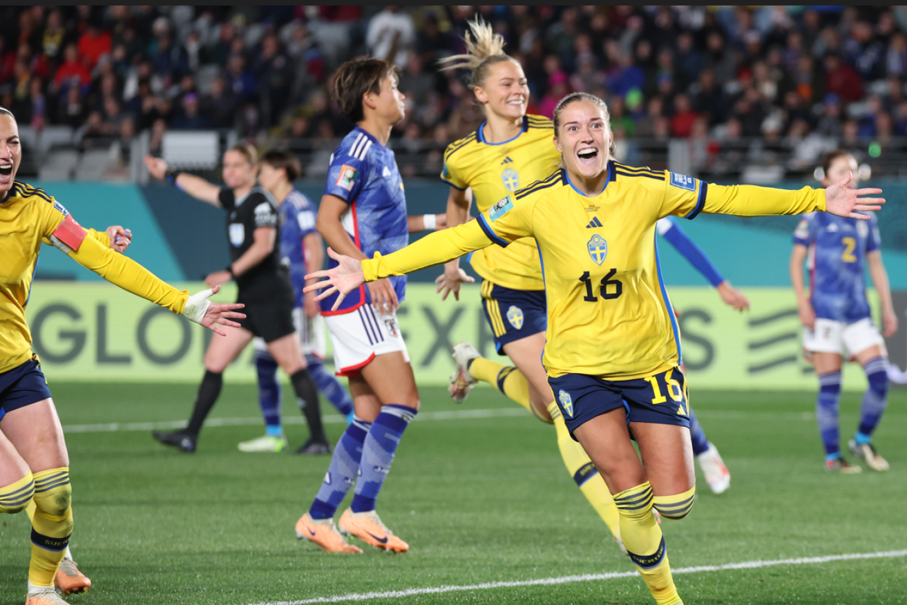 Sweden's Filippa Angeldal erupts with joy after scoring the goal that took Japan out of the World Cup race.