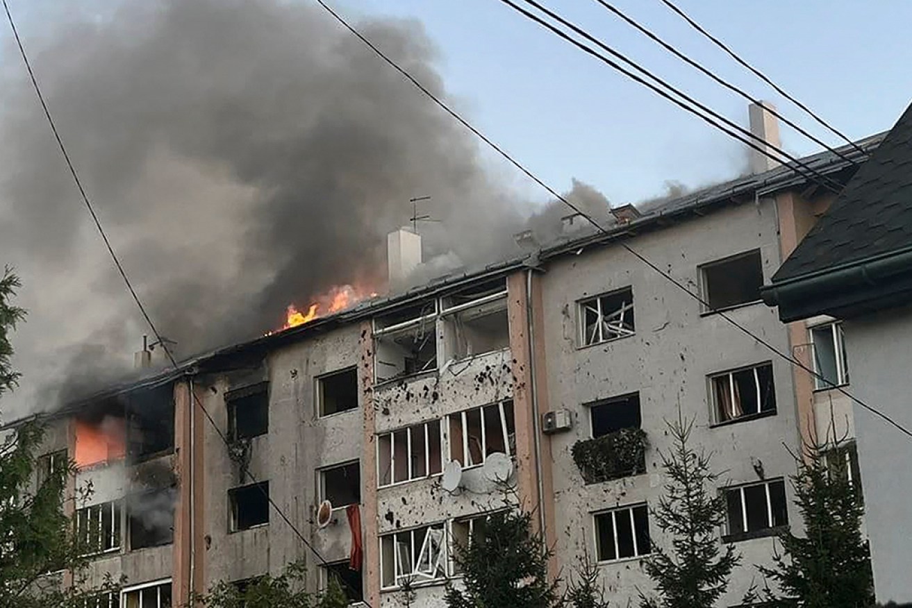 A burning building after a Russian rocket attack in the western Ukrainian city of Lviv. 