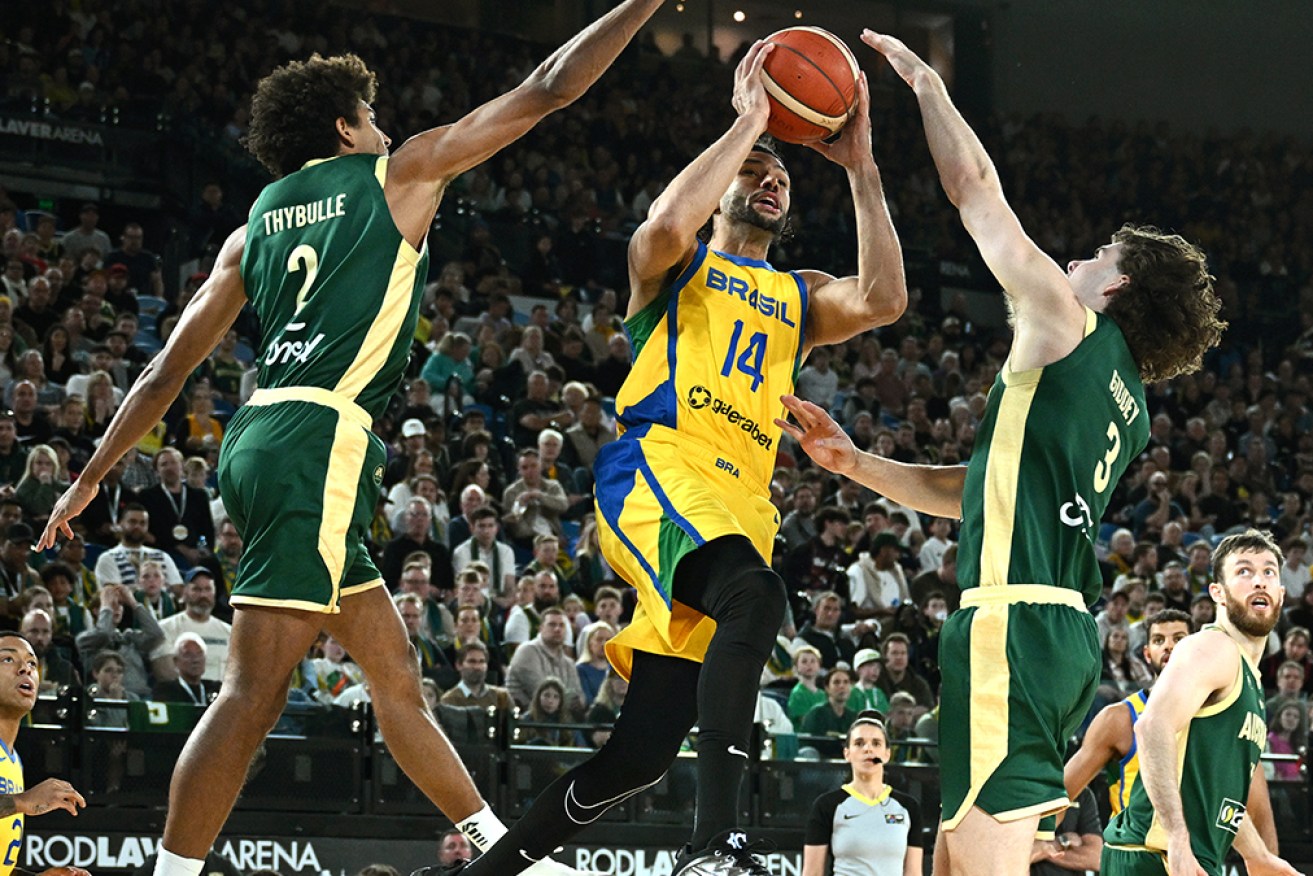 Brazil's Leonardo Meindl drives to the basket in the shock 90-86 win over Australia in Melbourne.