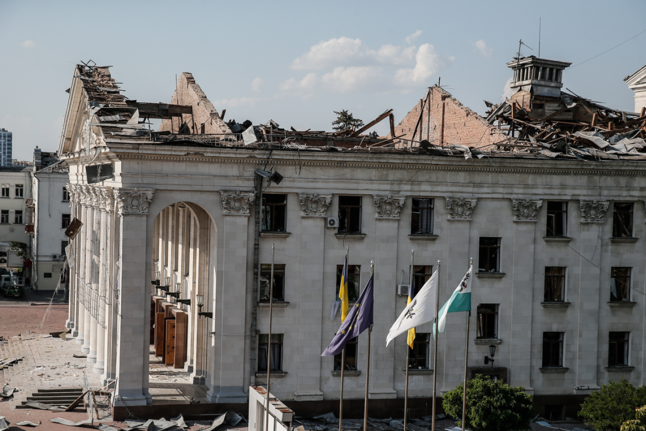 The gutted shell of the Chernihiv theatre where seven died in the Russian missile strike.