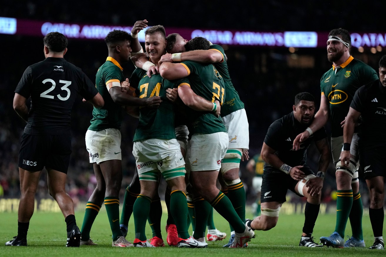 South Africa' celebrate Kwagga Smith's try in their record-breaking win over the All Blacks. 