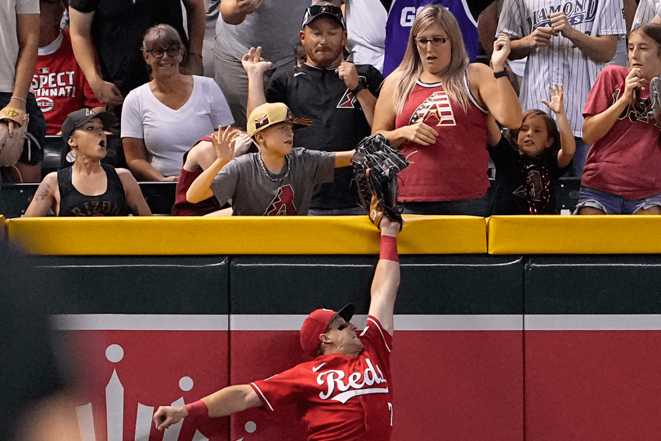 The young fan robs Cincinnati Reds' Spencer Steer of a ball as the fans go wild.