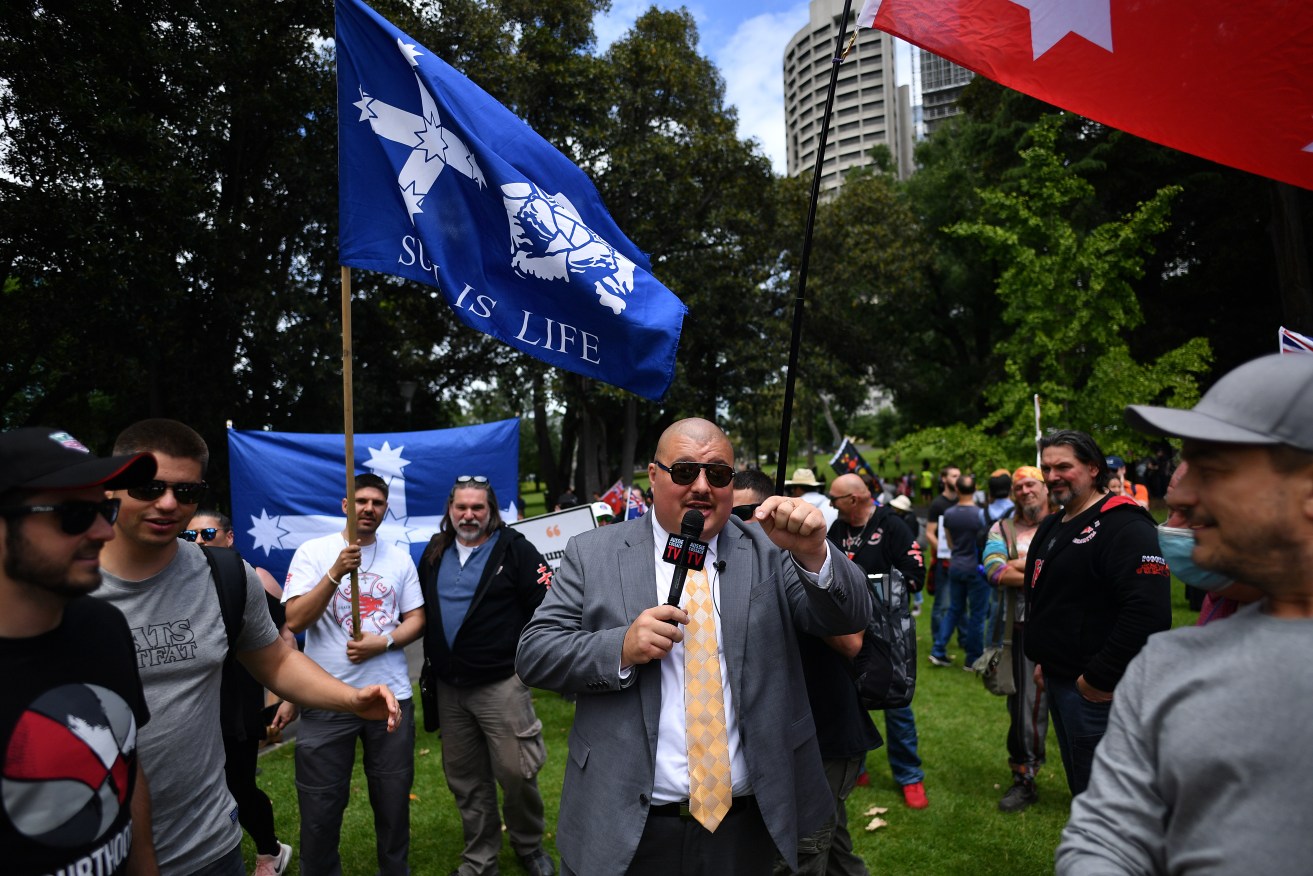 Simeon Boikov at a anti-vaccination and anti-mandatory vaccination protest in 2021.