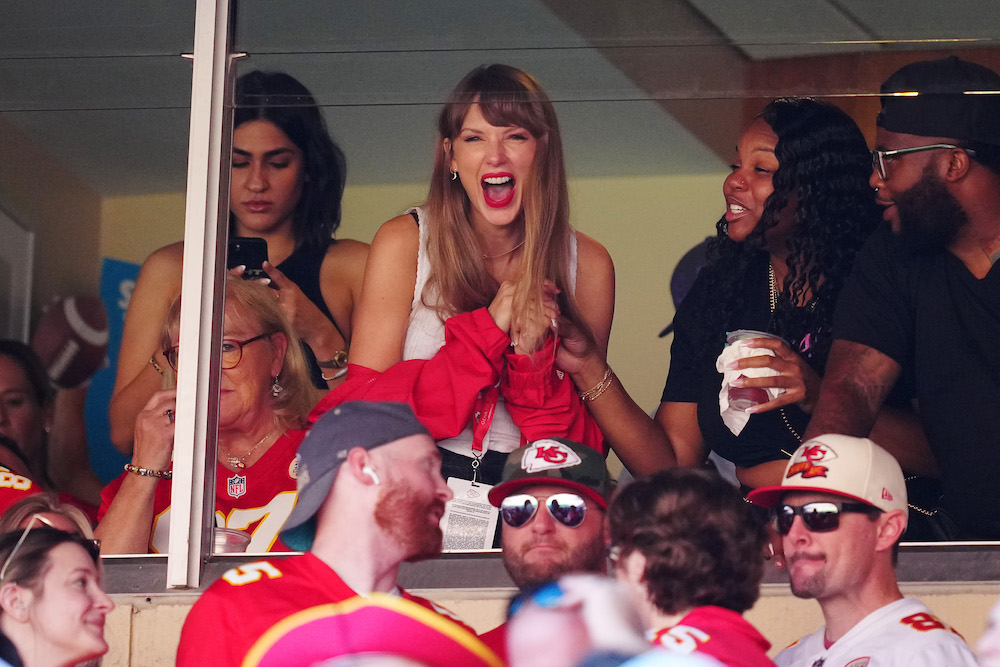 Taylor Swift reacts during the first half of a game between the Chicago Bears and the Kansas City Chiefs at GEHA Field at Arrowhead Stadium on September 24, 2023 in Kansas City, Missouri.
