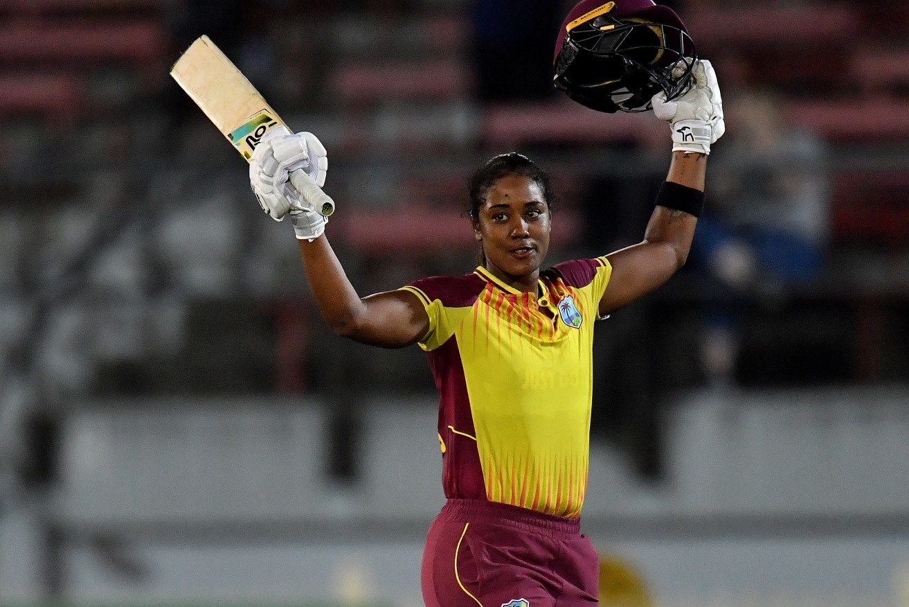 Hayley Matthews smashed a century in the West Indies' stunning Twenty20 win over Australia.