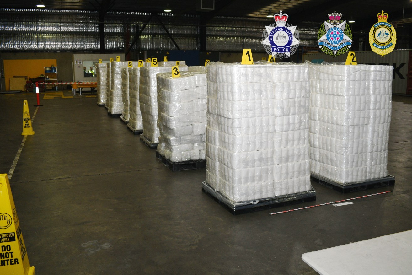 More than 660 kilograms of methamphetamine was found under three of 16 pallets of toilet paper.