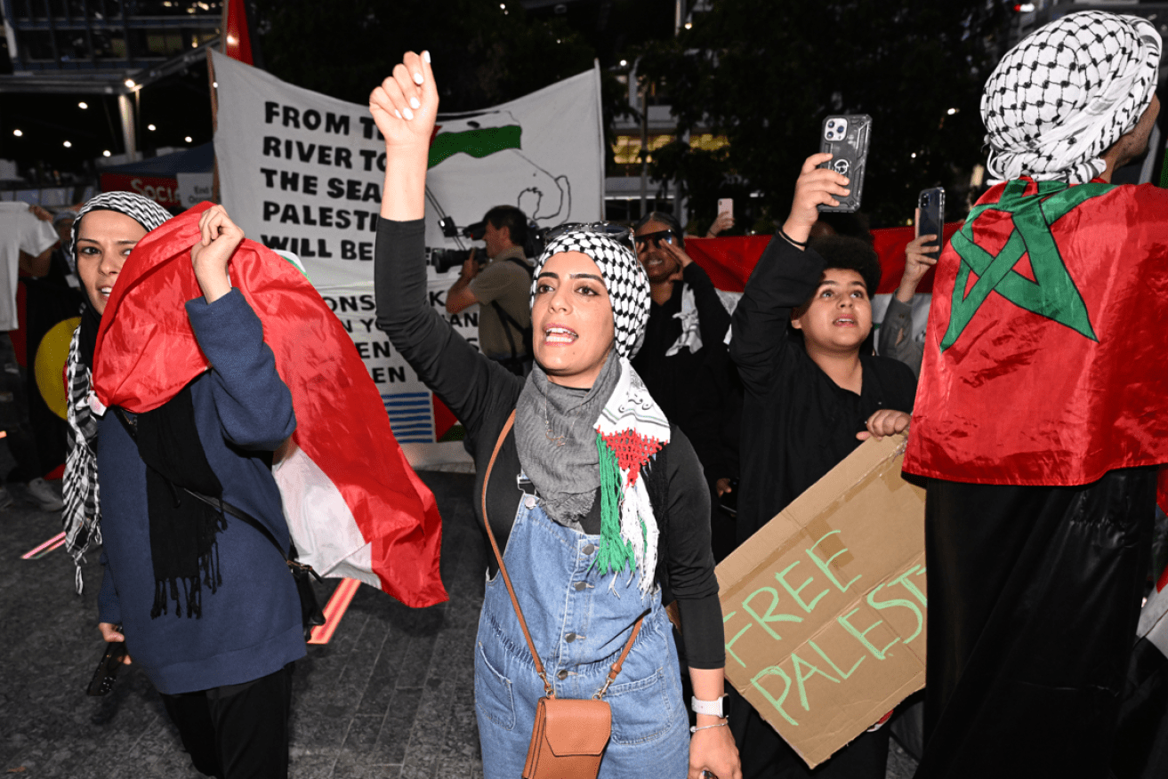 Palestine supporters denounce Israel at a rally in Brisbane's CBD. 