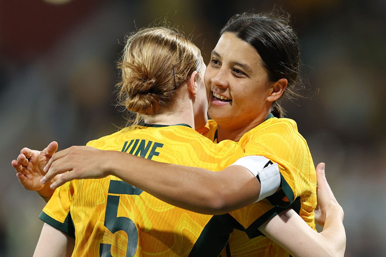 Samantha Kerr thrills fans and Cortnee Vine with her goal against Iran at Perth’s HBF Park on Thursday night.  