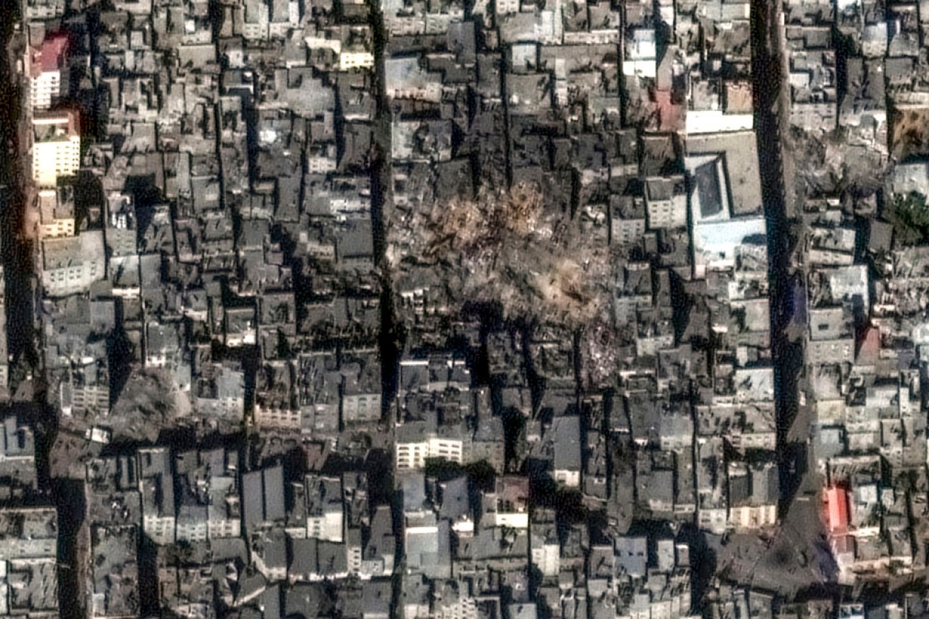 A satellite overview of the Jabalia refugee camp after the attack by Israel.