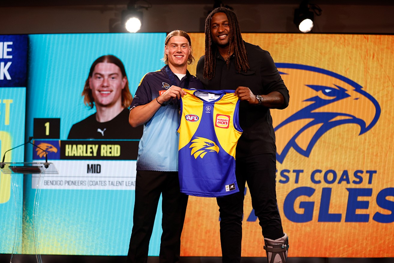 Harley Reid received a West Coast jumper from club legend Nic Naitanui as the AFL''s top draft pick.