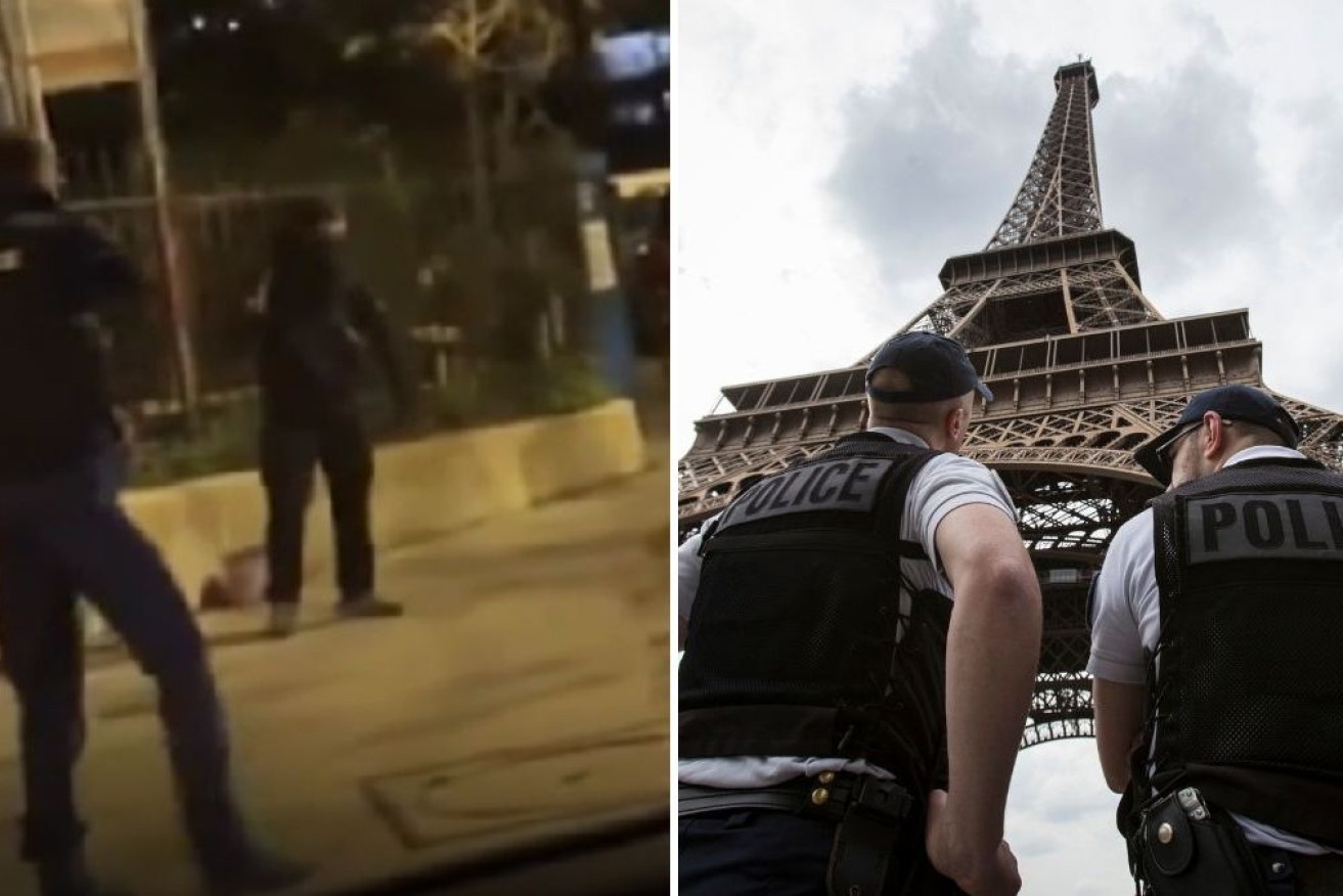 Paris police close in on the suspect (left) after an attack near the Eiffel Tower. 