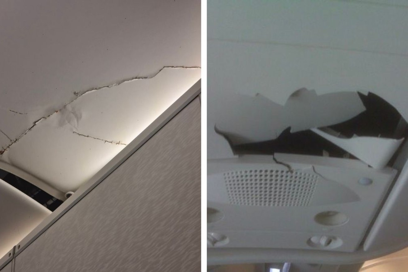 Damage onboard Emirates flight 421 after passengers were thrown about the cabin when it struck severe turbulence.