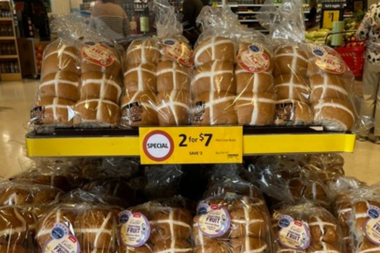 Hot cross buns on the shelves in Coles on Boxing Day.