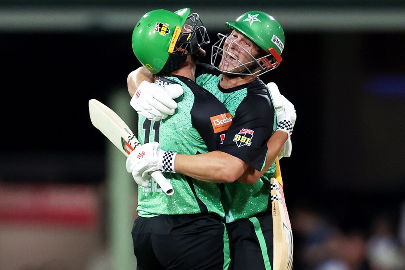 Hilton Cartwright and Jono Merlo enjoy Melbourne Stars’ win at the SCG on Tuesday night.  