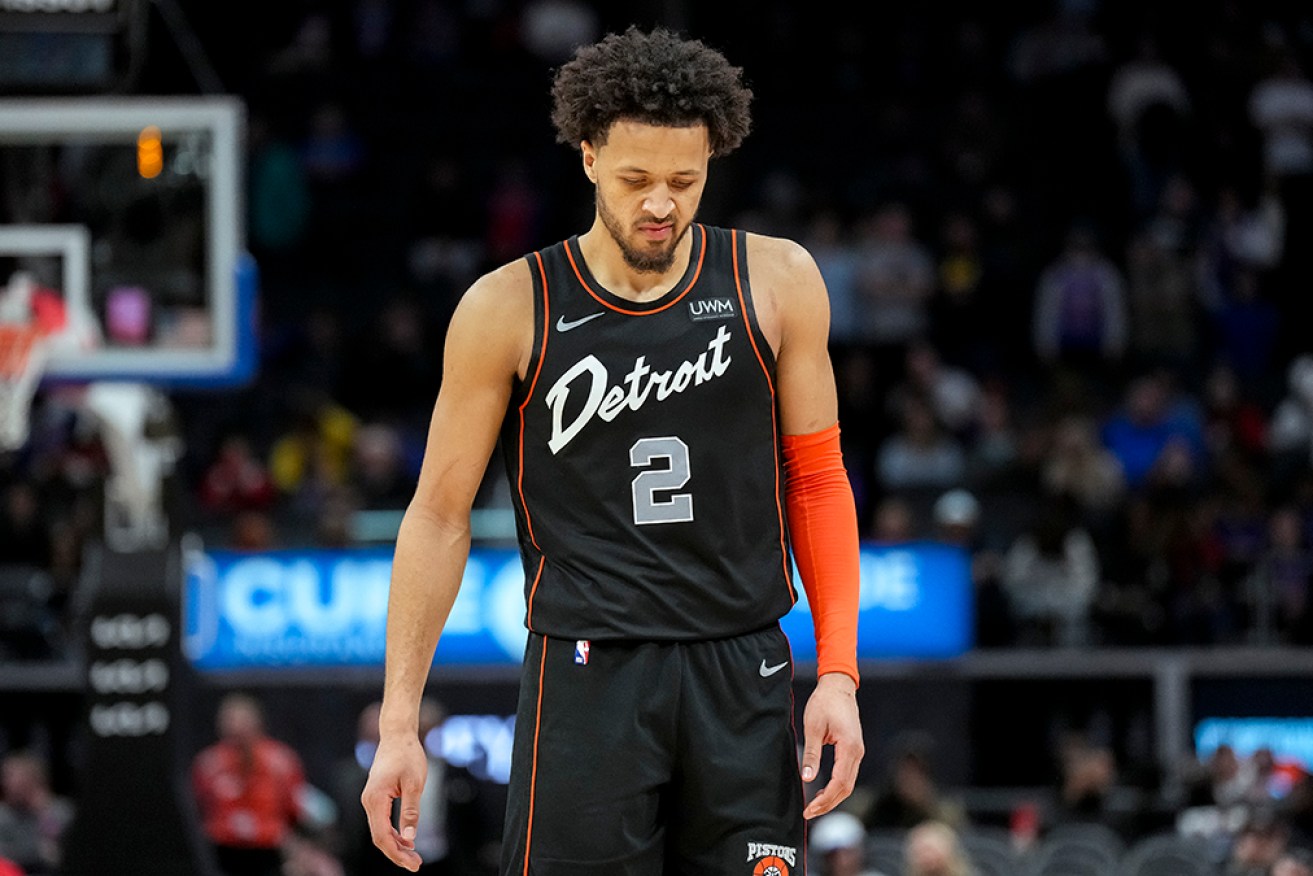 Detroit’s Cade Cunningham looks despondent after the Pistons lost to Brooklyn Nets.  