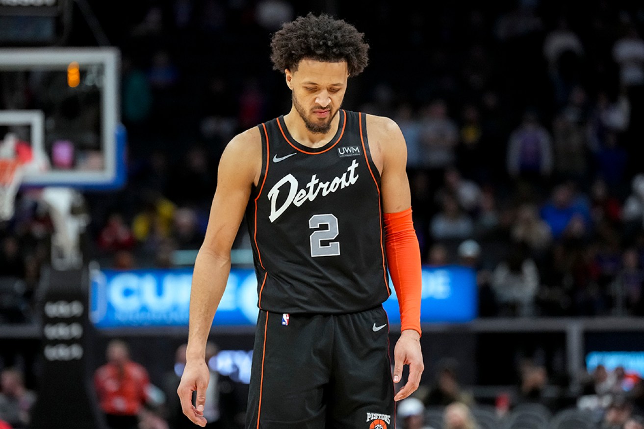 Detroit’s Cade Cunningham looks despondent after the Pistons lost to Brooklyn Nets.