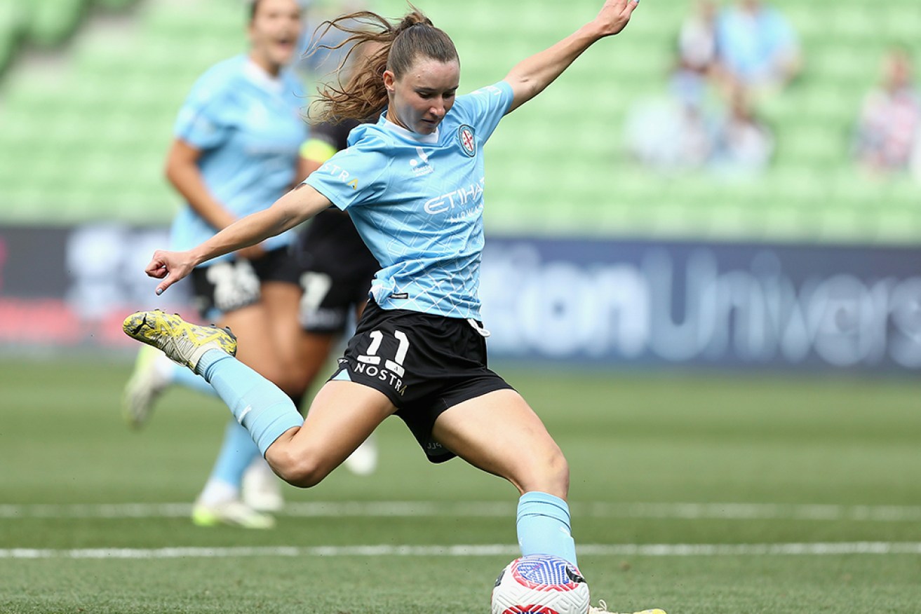 Emina Ekic scores for Melbourne City in Thursday’s win over Brisbane Roar at AAMI Park. 