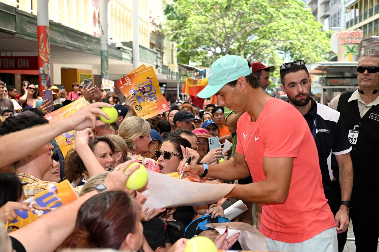Thousands of fans greeted Rafael Nadal in Brisbane ahead of his tennis return.