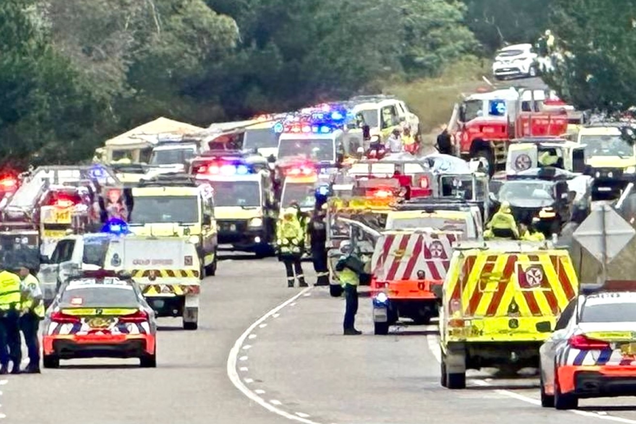 Emergency services on the scene of the Lithgow crash, where an 11-year-old girl is confirmed to have died.
