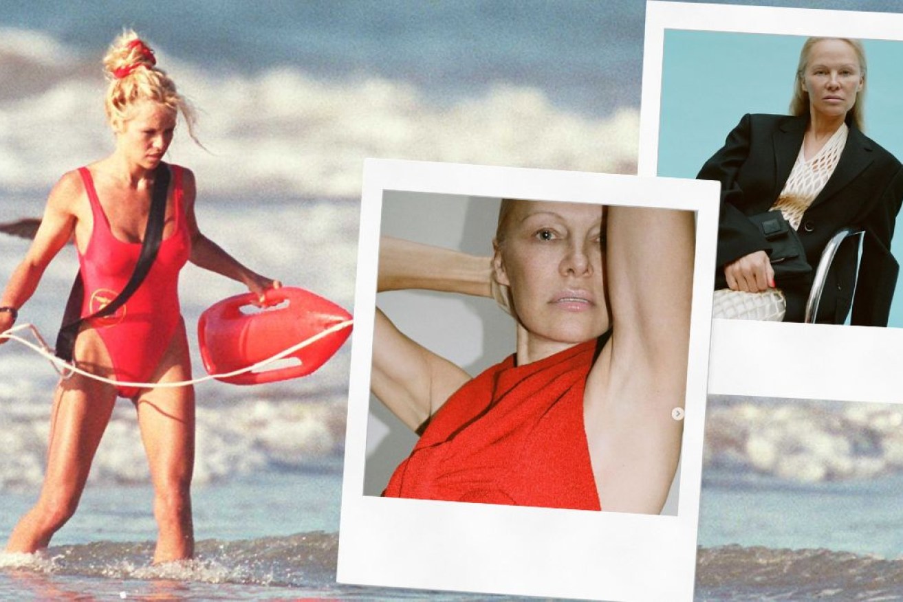 Pamela Anderson in her <i>Baywatch</i> era, and her new, bare-faced ad campaign.