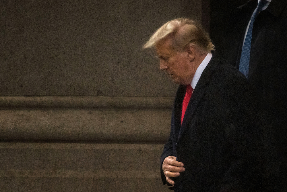  Former U.S. President Donald Trump departs the Waldorf Astoria where he held a press conference following his appearance in court on January, 9 2024 in Washington, DC. 